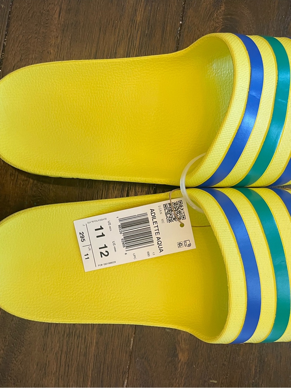 adidas Kids Yellow Slide Sandals with Blue and Green Stripes